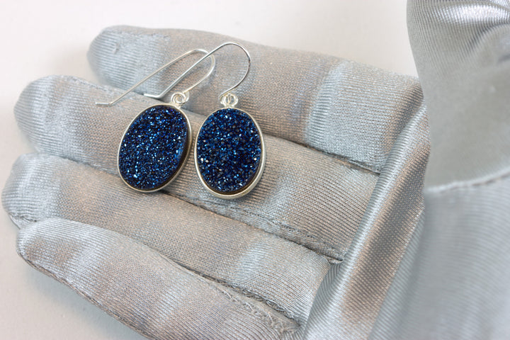 Peacock Blue Drusy Earrings Druzy Large Teardrop Oval 14k solid gold or filled or sterling silver Bezel Set Simple Drops High sparkle drops