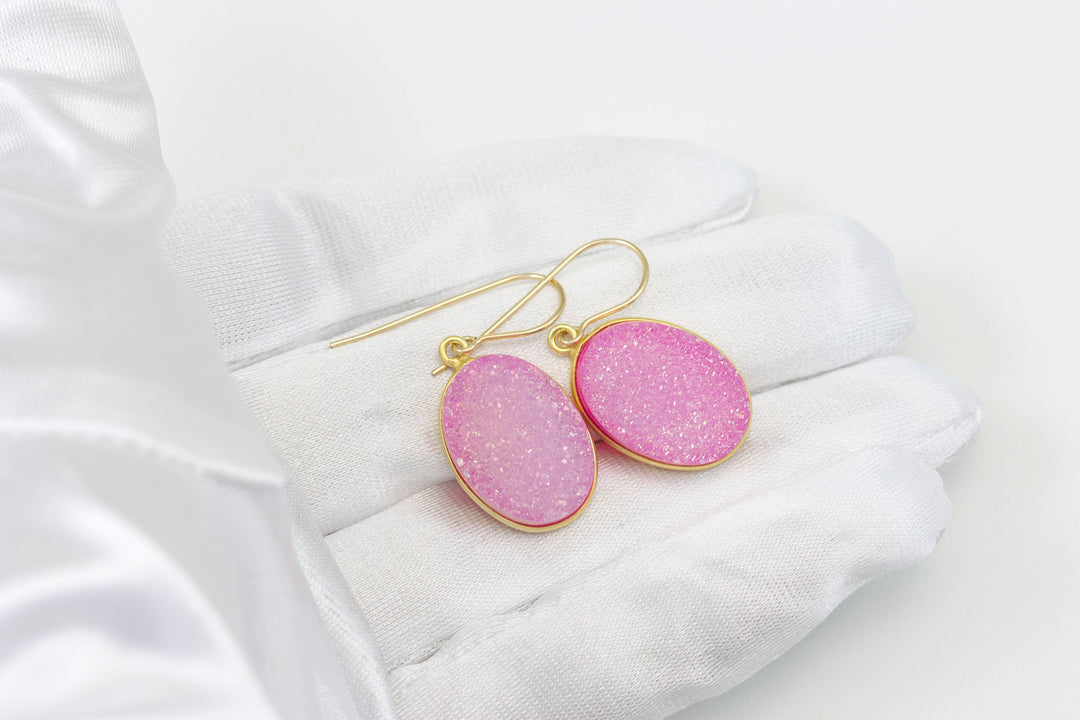 Pink Drusy Earrings Druzy Large Teardrop Oval Sterling Silver or 14k Solid Gold or Filled Bezel Set Simple Drops AAA Fuchsia Simple Drops