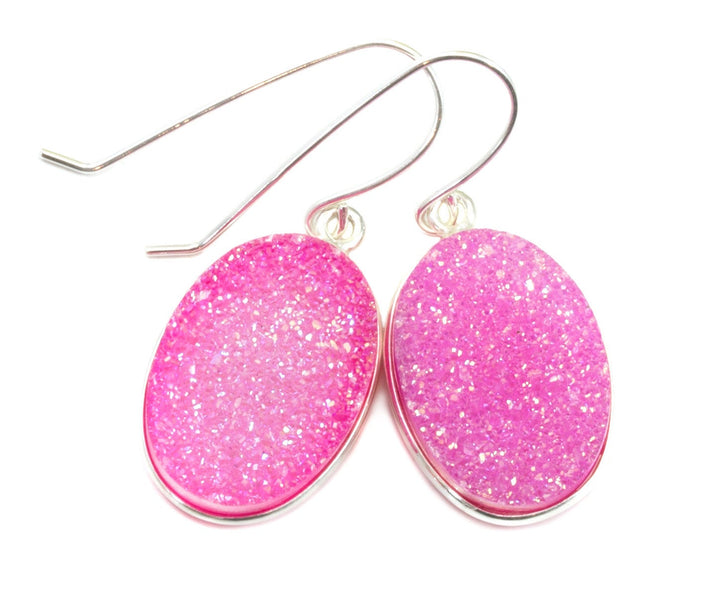 Pink Drusy Earrings Druzy Large Teardrop Oval Sterling Silver or 14k Solid Gold or Filled Bezel Set Simple Drops AAA Fuchsia Simple Drops