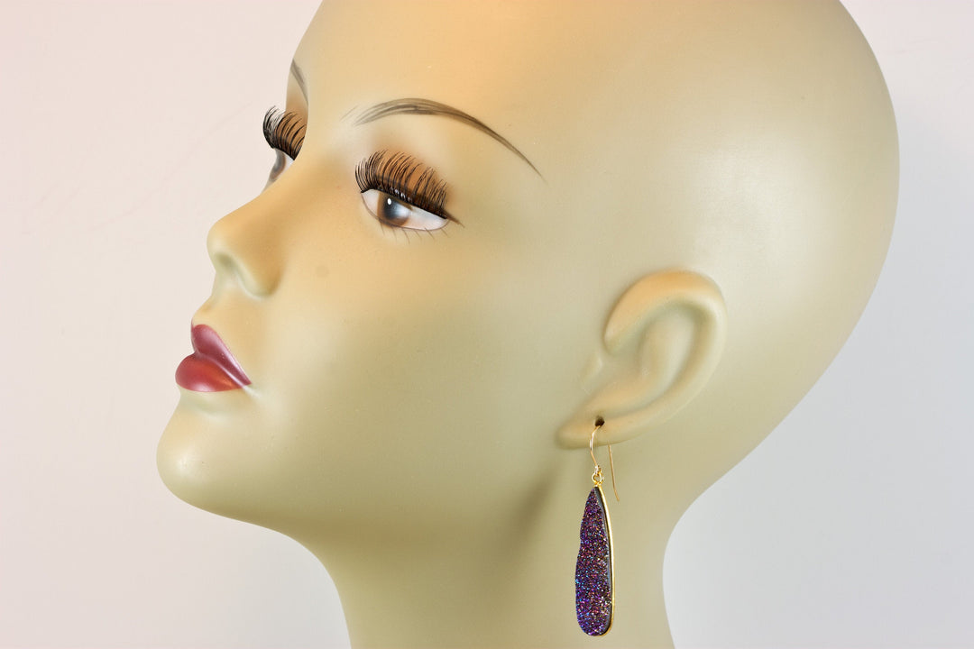 Purple Peacock Drusy Earrings Druzy Long Teardrop 14k Solid Gold or Filled Ear Wires Bezel Simple Drops Fine Quartz Sparkly Natural 2 Inch