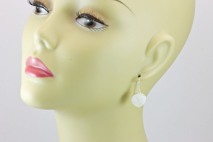 White Drusy Earrings Druzy Heart Shaped Sterling Silver or 14k yellow solid gold or filled Bezel Simple Drops Fine Druse Quartz Spyglass