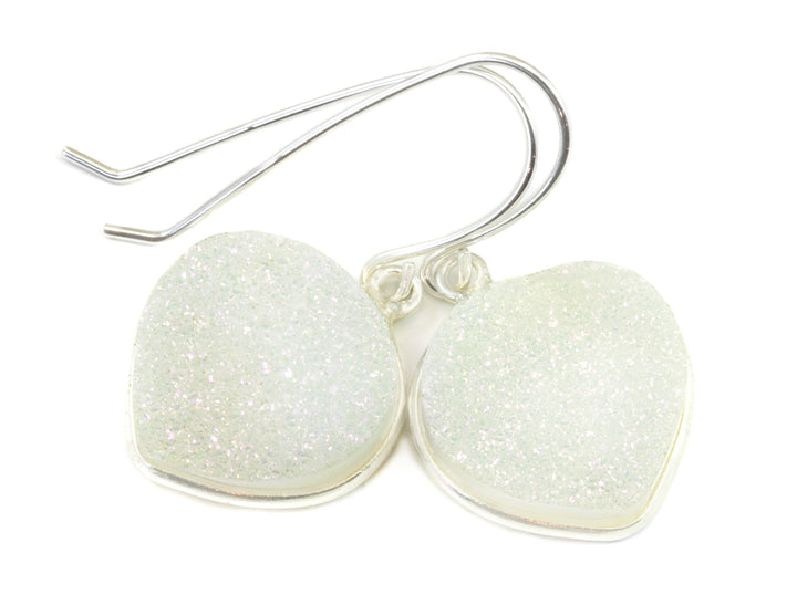 White Drusy Earrings Druzy Heart Shaped Sterling Silver or 14k yellow solid gold or filled Bezel Simple Drops Fine Druse Quartz Spyglass