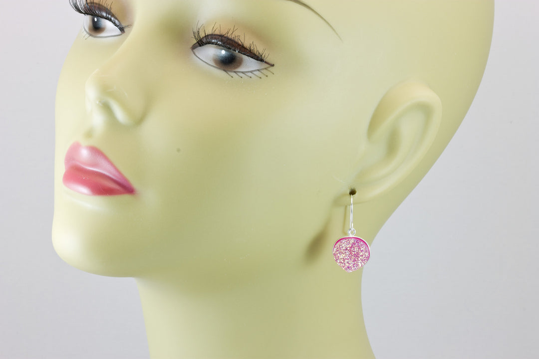 Pink Drusy Earrings Druzy Heart Shaped Sterling Silver or 14k yellow solid gold or filled Bezel Simple Drops Fine Druse Quartz Spyglass