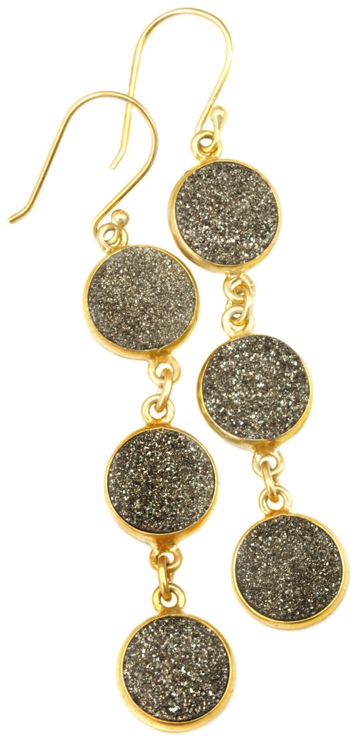 Drusy Earrings Platinum Black Druzy 14k Solid Gold or Filled French Ear Wires 2.5 inch Long Triple Hung Round Bezel Set Natural Quartz Drops