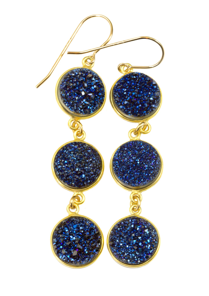 Drusy Earrings Peacock Blue Druzy 14k Solid Gold or Filled French Ear Wires 2.5 inch Long Triple Hung Round Bezel Set Natural Quartz Drops