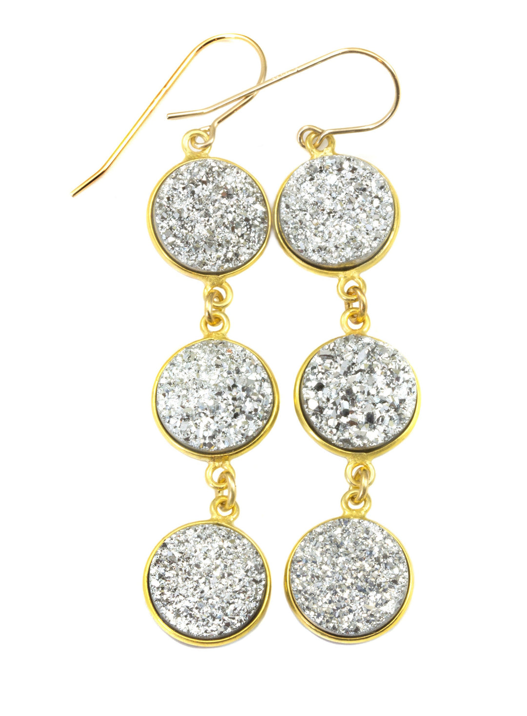 Drusy Earrings Bright Silvery Druzy 14k Solid Gold or Filled French Ear Wires 2.5 inch Long Triple Hung Round Bezel Set Natural Quartz Drops