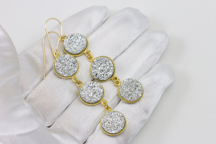 Drusy Earrings Bright Silvery Druzy 14k Solid Gold or Filled French Ear Wires 2.5 inch Long Triple Hung Round Bezel Set Natural Quartz Drops