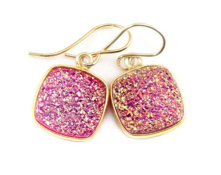 Pink Drusy Earrings Druzy Square Shaped Sterling Silver or 14k yellow solid gold or filled Bezel Simple Drops Fine Druse Quartz Spyglass