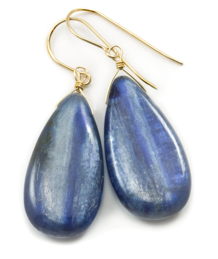 Kyanite Earrings High Quality Large Long Smooth Teardrop 14k Solid Gold or Filled or Sterling Silver Rich Blue Fat Natural Real  Simple