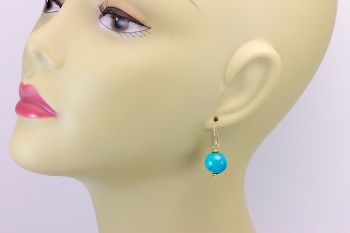 Turquoise Earrings Light Blue Round Dangle Drops Sterling Silver or 14k solid Yellow Gold or Filled Natural Beaded Simple Contemporary