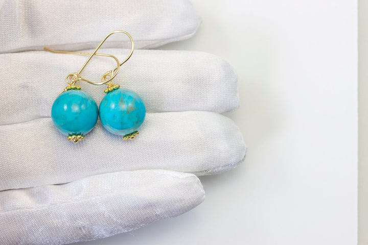 Turquoise Earrings Light Blue Round Dangle Drops Sterling Silver or 14k solid Yellow Gold or Filled Natural Beaded Simple Contemporary