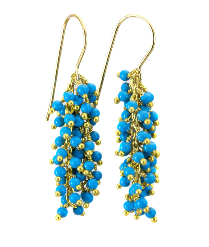 Blue Turquoise Earrings Long Dangles Smooth Rounded Stones Cluster Style 14k Solid Gold or Filled Drops Simple Contemporary Design 2 Inch