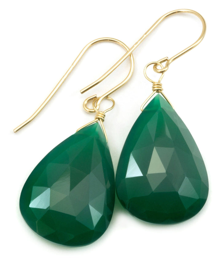 Green Onyx Earrings Faceted Long AAA Dangle Large Briolette Teardrop Sterling Silver or 14k Solid Yellow Gold or Filled Emerald Green Drops