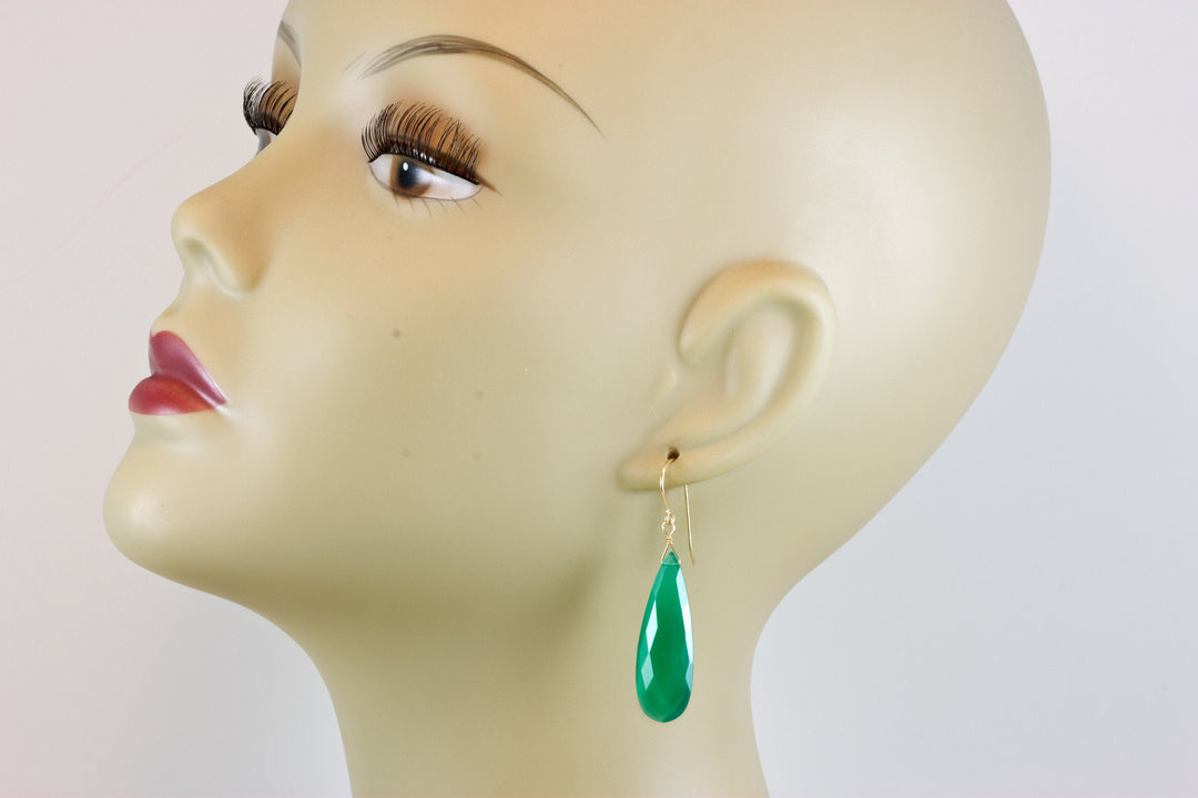 Green Onyx Earrings Faceted Long AAA Drop Dangle Large Teardrop Sterling Silver or 14k Gold Filled Rich Emerald Green Color Drops 2 Inch