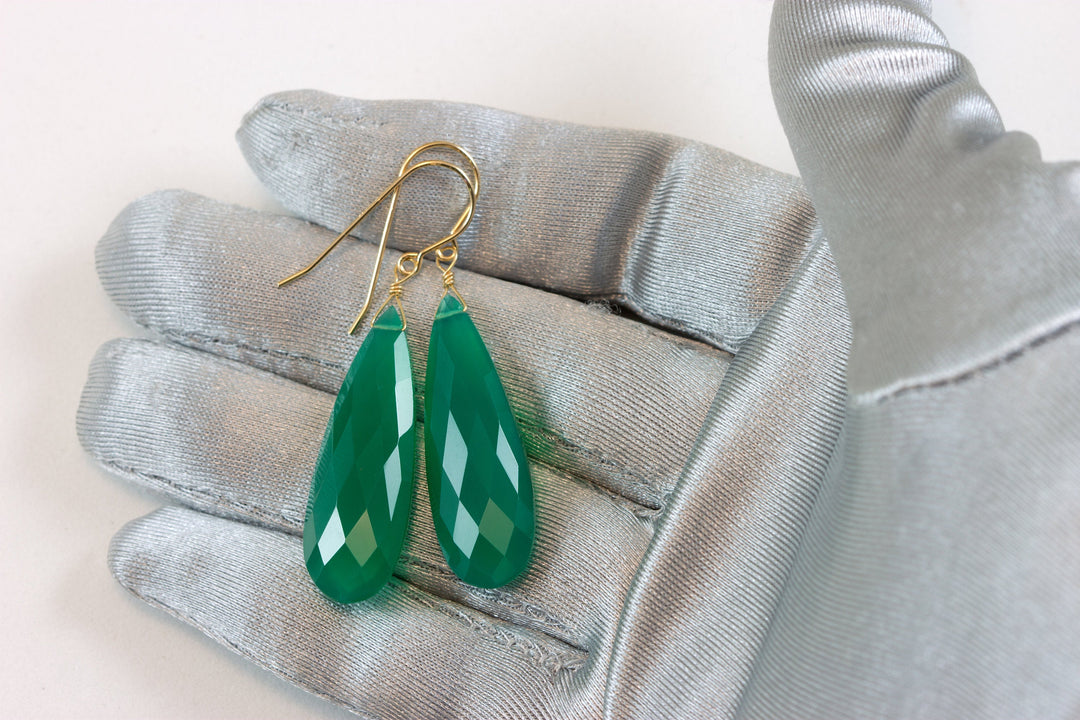 Green Onyx Earrings Faceted Long AAA Drop Dangle Large Teardrop Sterling Silver or 14k Gold Filled Rich Emerald Green Color Drops 2 Inch