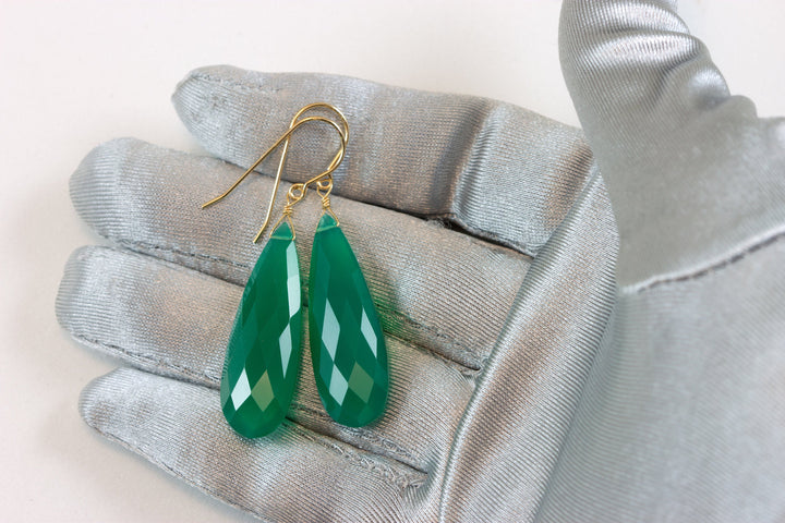 Green Onyx Earrings Faceted Long AAA Drop Dangle Large Teardrop Sterling Silver or 14k Gold Filled Rich Emerald Green Color Drops 2 Inch
