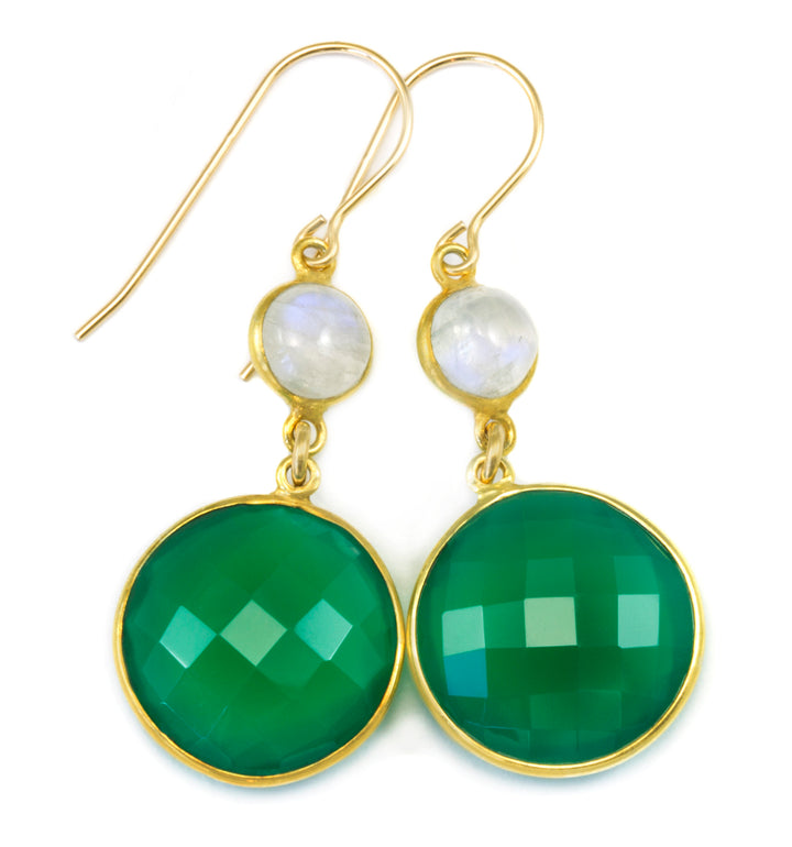 Green Onyx Earrings Bezel Set Faceted Teardrop Rainbow Moonstones 14k Solid Yellow Gold or Filled French Earwire Rich Green Drops Classic