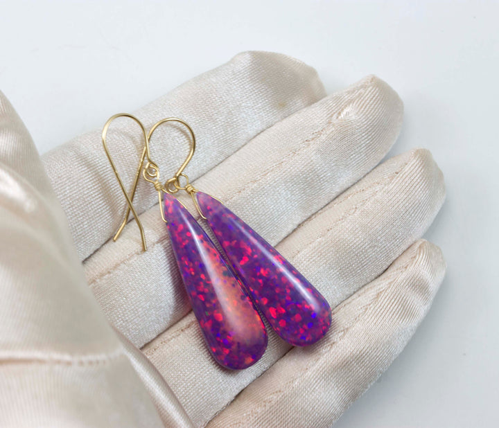 Opal Earrings Long AAA Teardrops 14k Solid Gold or Filled or Sterling Silver 2 Inch AAA cut iridescent pink lavender simple daily drops