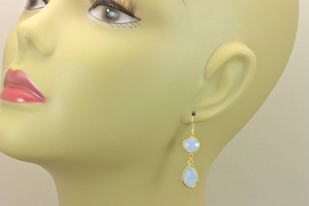 Opalite Earrings Faceted  AAA Teardrops 14k Solid Gold or Filled iridescent colors simple Double Bezel Setting Fat Milky White Drops