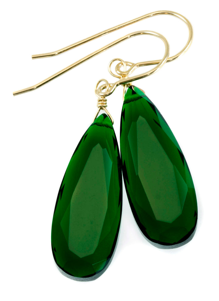 Emerald Green Earrings Faceted Long Simulated Emerald Teardrop Drop Dangle Sterling Silver or 14k Solid Gold or Filled Simple Classic 1.6 In