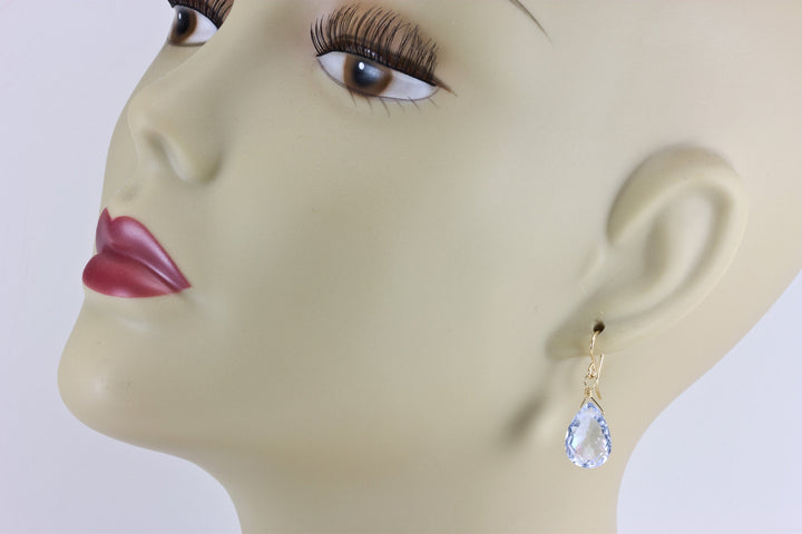 Ice Blue Quartz Earrings Faceted Teardrop Sterling Silver or 14k Solid Gold or Filled Pear Lightweight Daily Classic Cut Pale Blue Drops