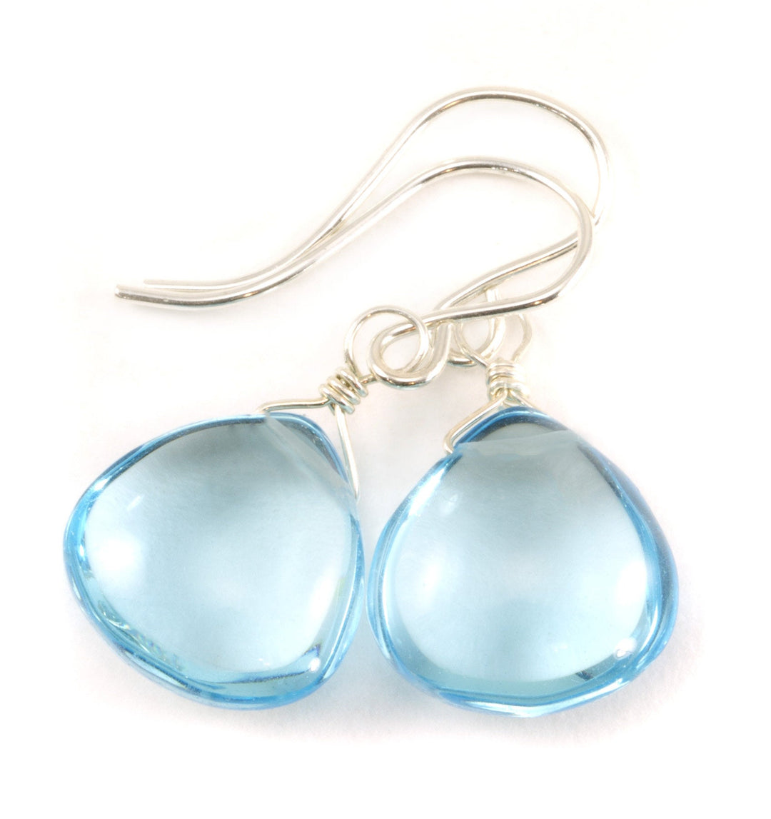 Swiss Blue Earrings Smooth Simulated Topaz Baby Blue Drops 14k Solid Gold or Filled or Sterling Silver Heart Simple Dainty Dangle Drop