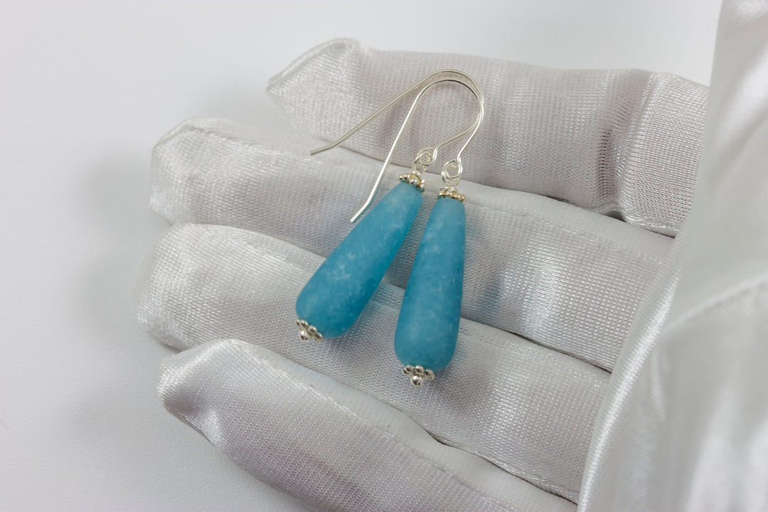 Quartzite Earrings Steel Blue Polished Matte Finish Smooth Long Teardrop Beaded 14k solid gold or filled or sterling silver Drop Dangle
