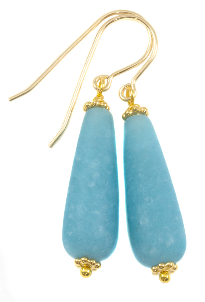 Quartzite Earrings Steel Blue Polished Matte Finish Smooth Long Teardrop Beaded 14k solid gold or filled or sterling silver Drop Dangle