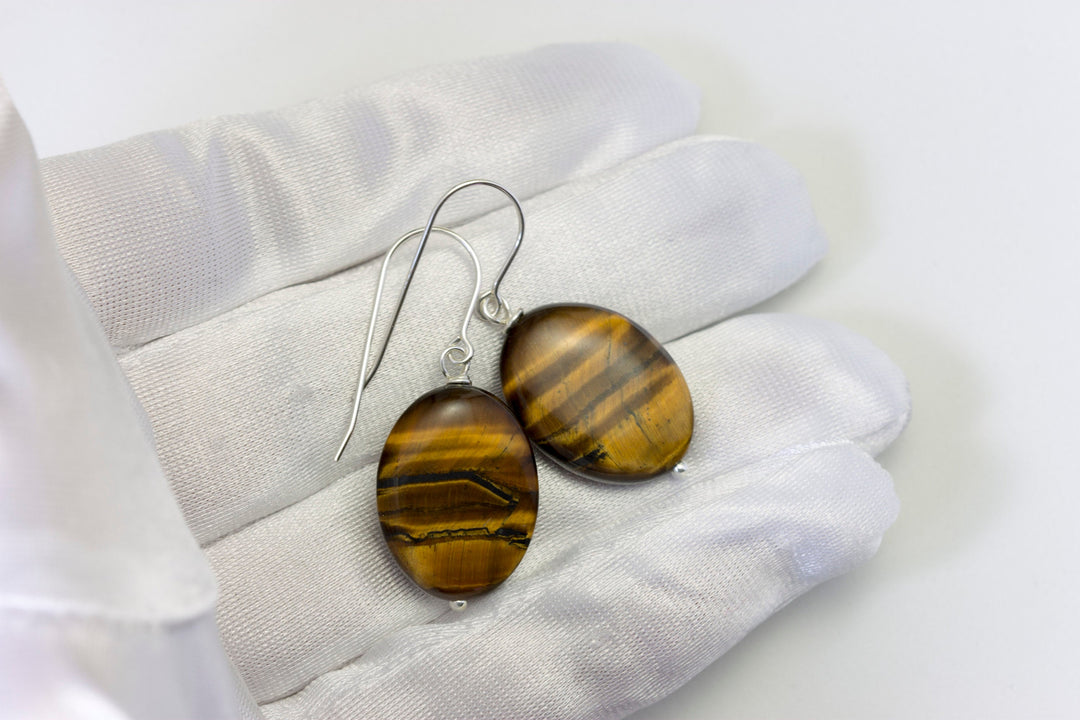 Tiger's Eye Earrings Smooth Large Oval Teardrop Dangle Sterling Silver or 14k Solid Gold or  Filled Striped Natural Simple Spyglass Designs