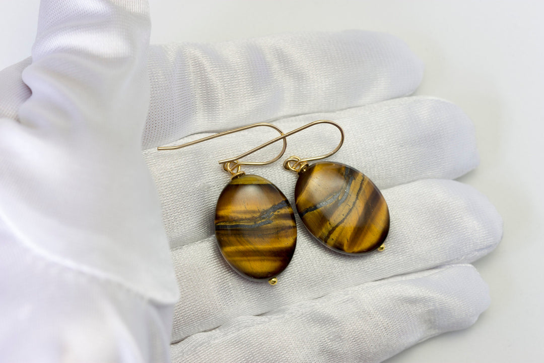 Tiger's Eye Earrings Smooth Large Oval Teardrop Dangle Sterling Silver or 14k Solid Gold or  Filled Striped Natural Simple Spyglass Designs