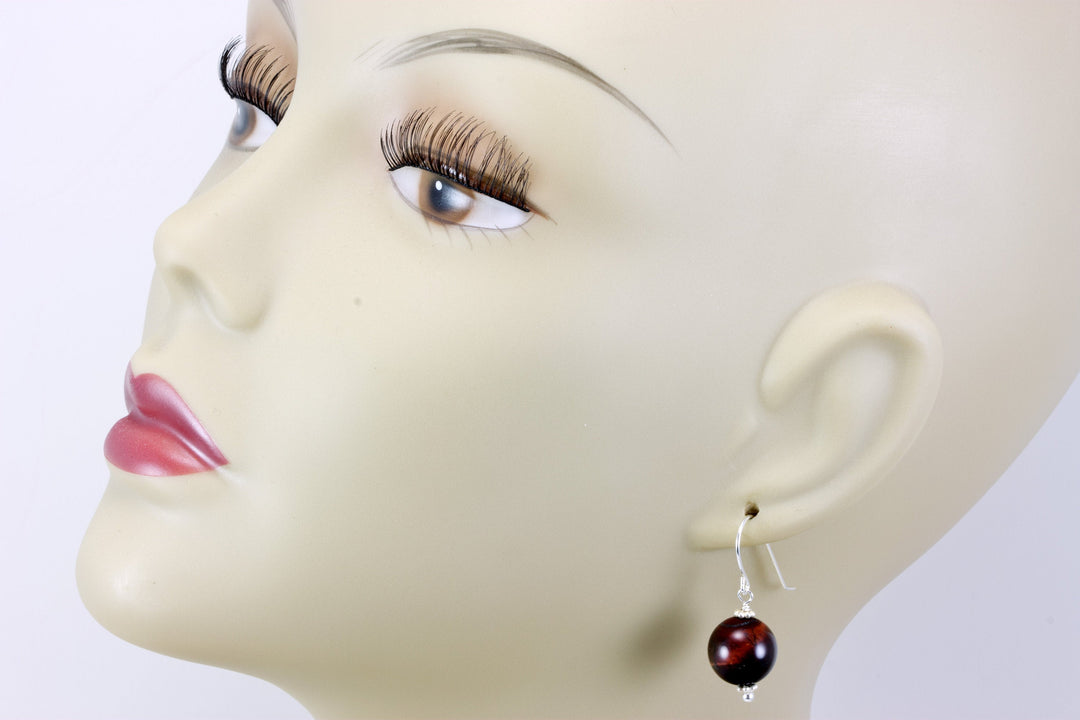 Red JasperTiger's Eye Earrings Smooth Round Drops Dangle Sterling Silver or 14k Solid Gold or Filled Striped Natural Simple Spyglass Designs