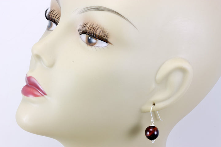 Red JasperTiger's Eye Earrings Smooth Round Drops Dangle Sterling Silver or 14k Solid Gold or Filled Striped Natural Simple Spyglass Designs