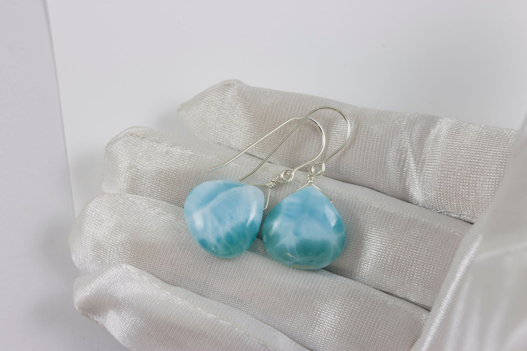 Blue Larimar Earrings Natural Heart Polished Smooth Simple  Drop Sterling Silver Spyglass Designs Baby Soft Blue Unique Contemporary Cut