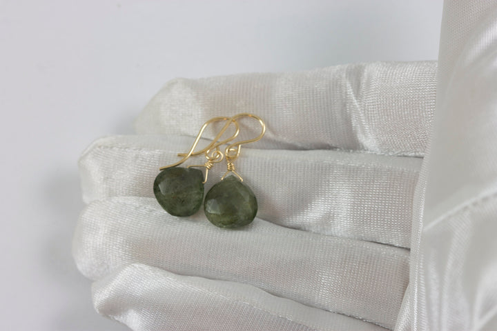 Moss Aquamarine Earrings Natural Faceted 14k Solid Gold or Filled or Sterling Silver Heart Briolettes Dangle Drops Spyglass Designs