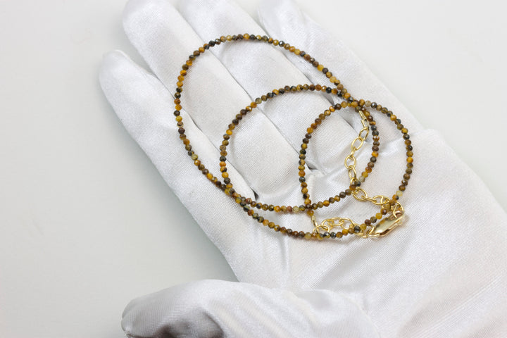 Tiger's Eye Necklace Natural Earthy Solid Strand Dainty Small Sterling Silver 14k Gold Filled Micro Faceted 18 19 Inches Simple Golden Brown