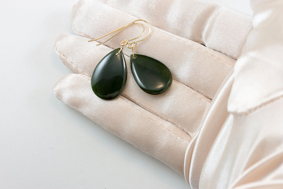 Jade Earrings Natural Green Nephrite Smooth Fat Teardrop Drops 14k Solid Gold or Filled or Sterling Silver Earthy Rich Green classic simple
