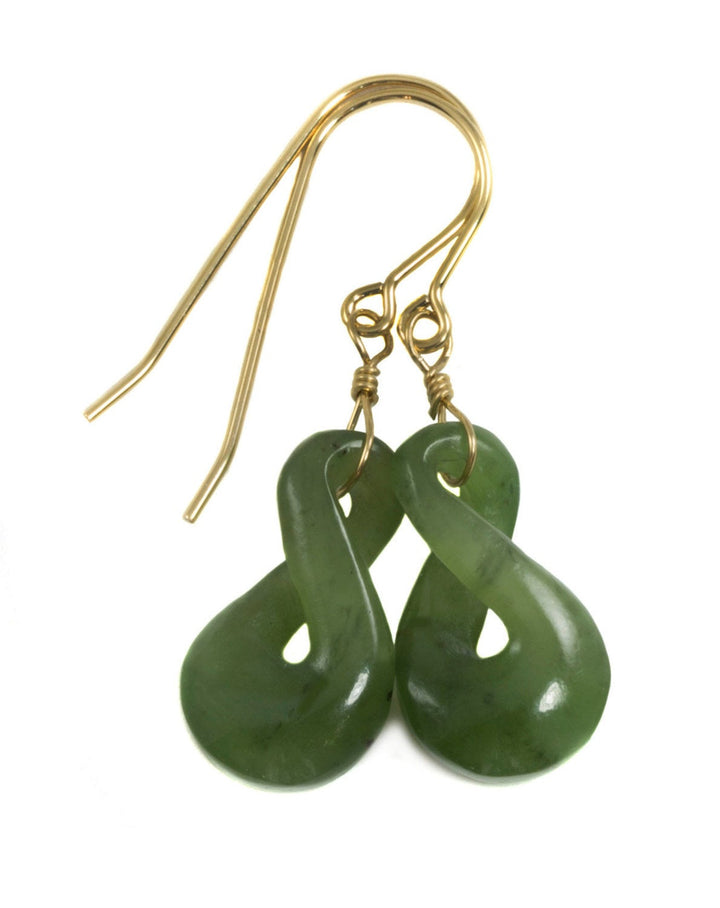 Natural Nephrite Green Jade Earrings Carved Double Infinity Teardrop 14k solid yellow gold or filled or Sterling Silver unique simple drops