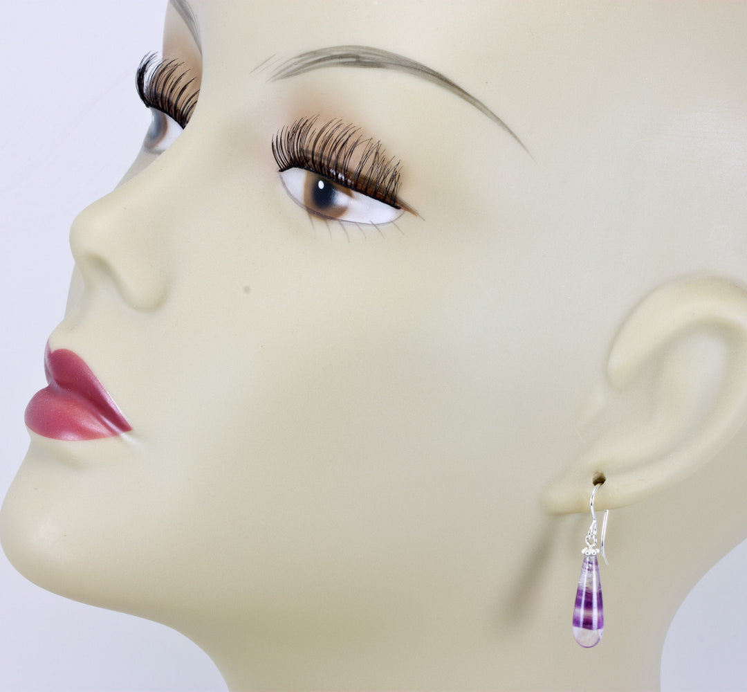 Fluorite Earrings Sterling Silver or 14k solid gold or filled Purple Striped  Smooth Teardrop  Flourite Spyglass Designs Simple Dainty Drops
