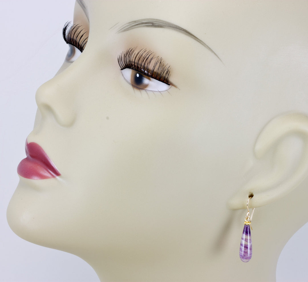 Fluorite Earrings Sterling Silver or 14k solid gold or filled Purple Striped  Smooth Teardrop  Flourite Spyglass Designs Simple Dainty Drops