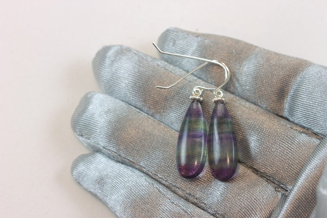 Fluorite Earrings Purple Teal Blue Striped Smooth Teardrop 14k solid gold or gold filled or sterling silver Natural Large Pair Beaded Simple