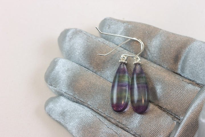 Fluorite Earrings Purple Teal Blue Striped Smooth Teardrop 14k solid gold or gold filled or sterling silver Natural Large Pair Beaded Simple