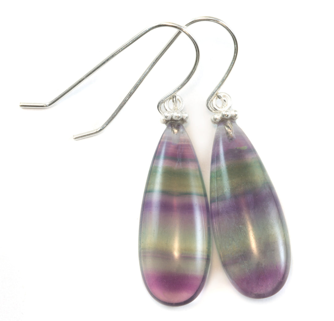 Fluorite Earrings Purple Teal Blue Striped Smooth Teardrop 14k solid gold or gold filled or sterling silver Natural Large Pair Beaded Simple
