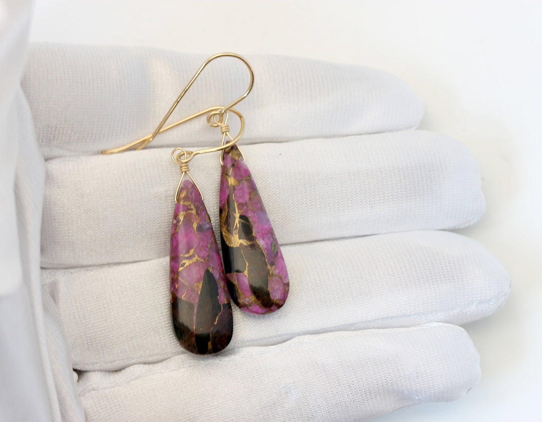 Pink Copper Obsidian Earrings Smooth Mosaic Teardrop  Drop Sterling Silver or 14k Solid Gold or Filled Earrings Hot Pink Unique Contemporary