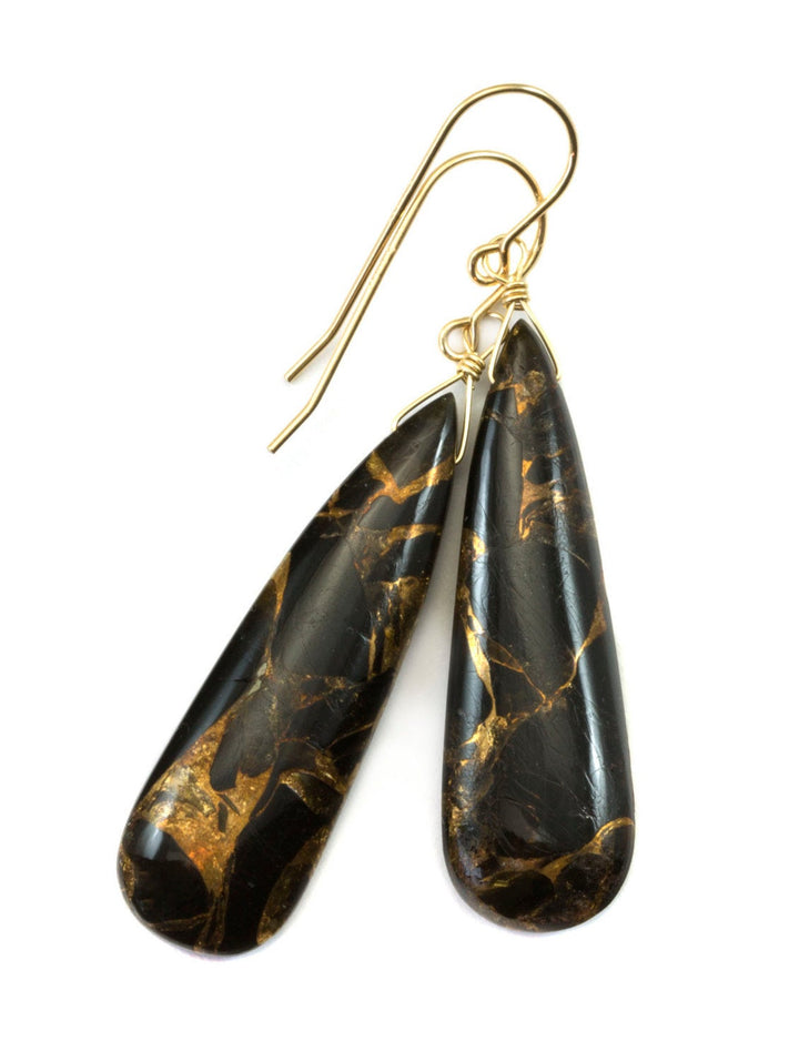 Copper Mosaic Obsidian Earrings Smooth Teardrop Sterling Silver or 14k Solid Gold or Filled Black Pear Long Unique Neutral Drops 2 Inch