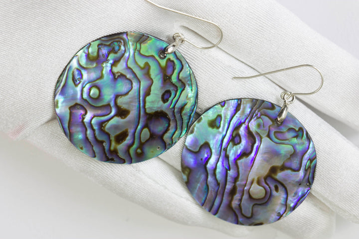 Abalone Paua Shell Teardrop Earrings Natural Peacock Round 14k Solid Gold or Filled or Sterling Silver X Large Simple MOP Drops AAA 2 Inch