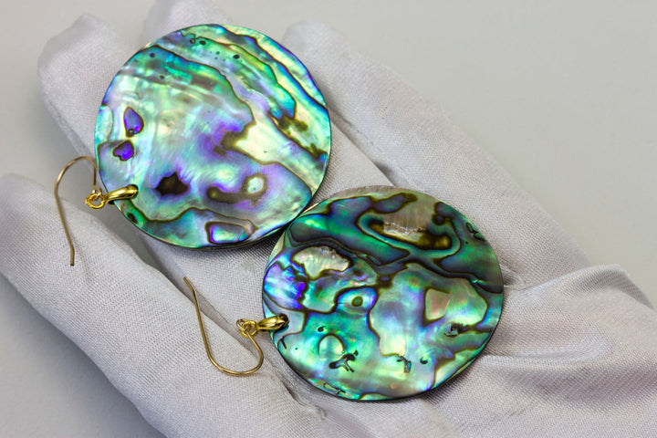 Abalone Paua Shell Teardrop Earrings Natural Peacock Round 14k Solid Gold or Filled or Sterling Silver X Large Simple MOP Drops AAA 2 Inch