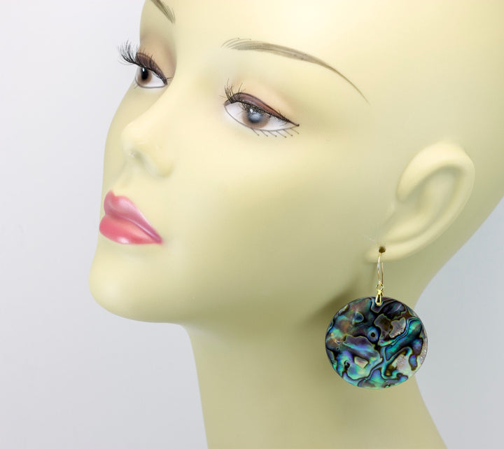 Abalone Paua Shell Teardrop Earrings Natural Peacock Round 14k Solid Gold or Filled or Sterling Silver X Large Simple MOP Drops AAA 2 Inch