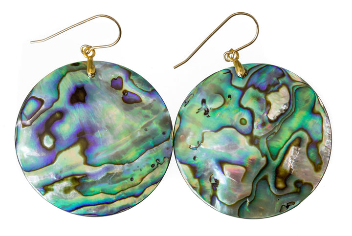 Abalone Paua Shell Teardrop Earrings Natural Peacock Round 14k Solid Gold or Filled or Sterling Silver X Large Simple MOP Drops AAA 2 Inch