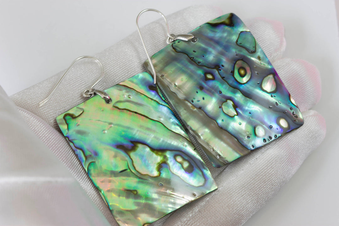 Abalone Paua Shell Teardrop Earrings Natural Peacock Rectangle 14k Solid Gold or Filled or Sterling Silver X Large Simple MOP Drops  2 Inch
