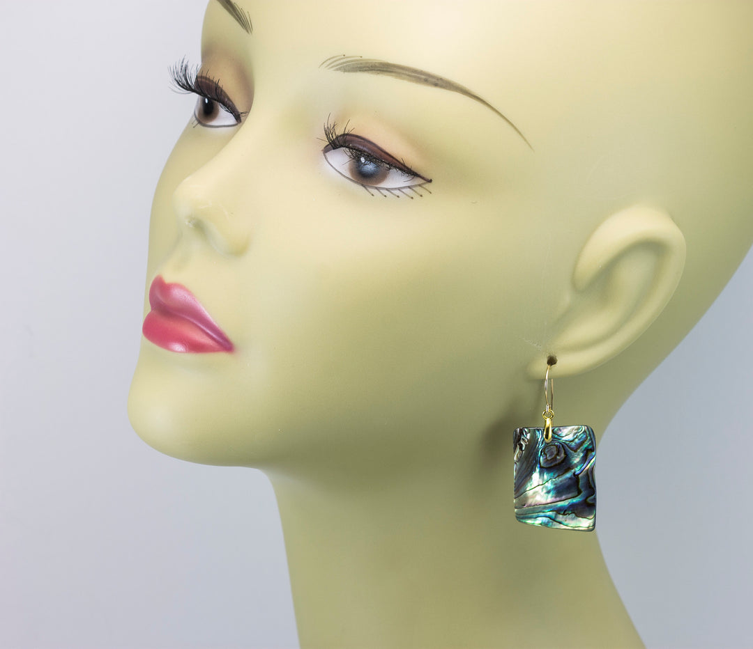 Abalone Paua Shell Teardrop Earrings Large Natural Peacock Colors 14k Solid Gold or Filled or Sterling Silver Rectangle  Blue